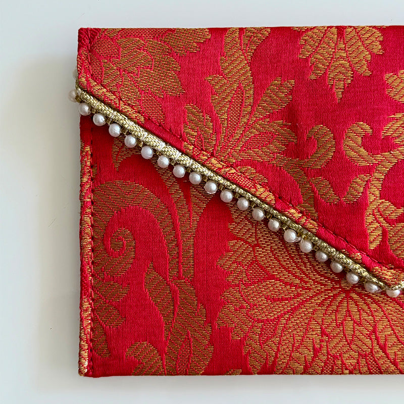 Banarasi Pearled Envelope Deep  Red