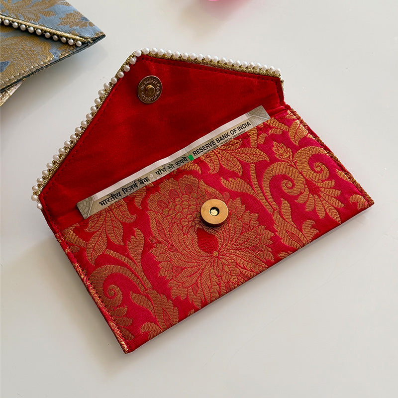 Banarasi Pearled Envelope Deep  Red
