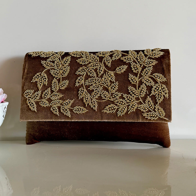 Velvet Zardozi Clutch Mocha Brown