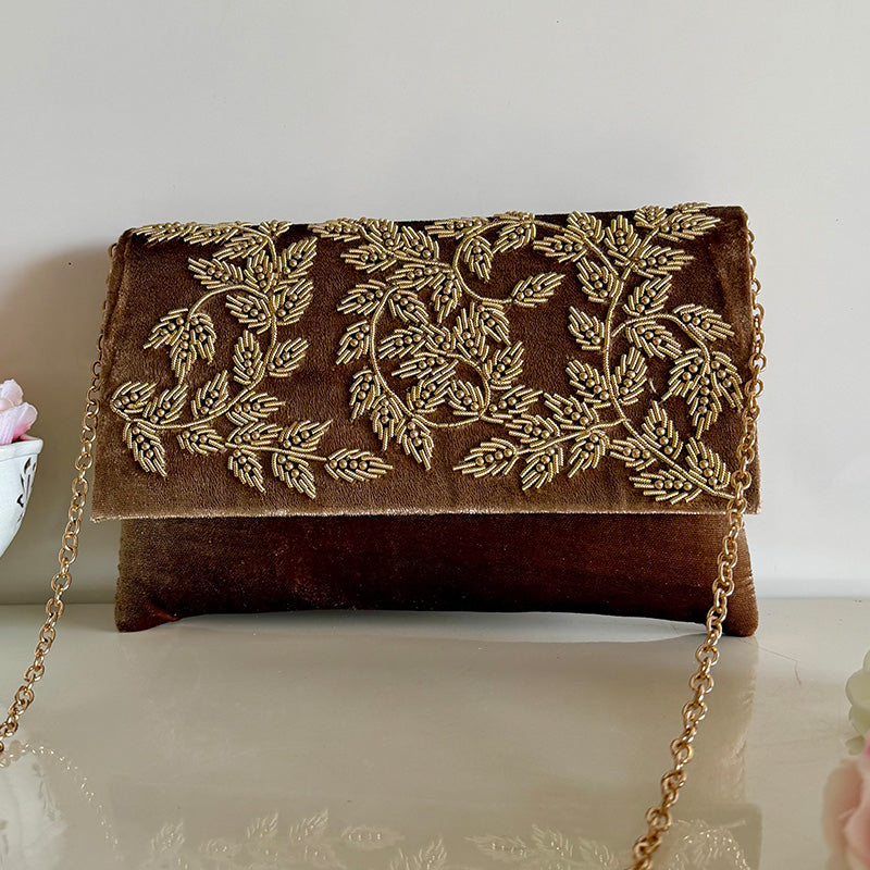 Velvet Zardozi Clutch Mocha Brown