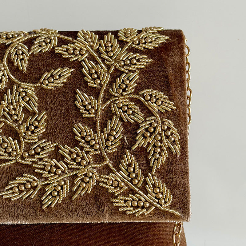 Velvet Zardozi Clutch Mocha Brown