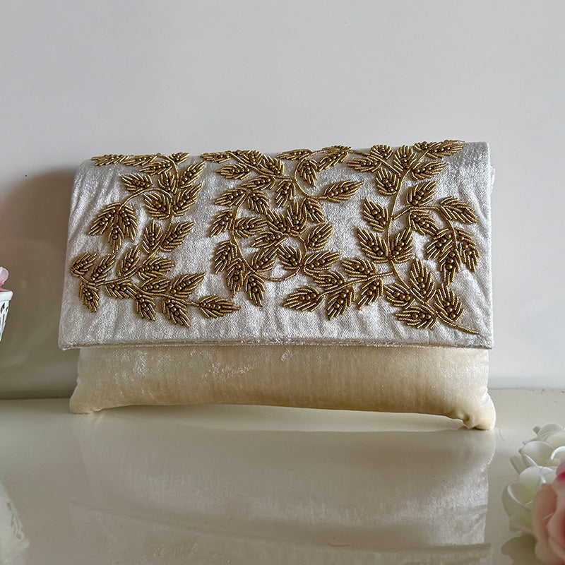 Velvet Zardozi Clutch Pearl White