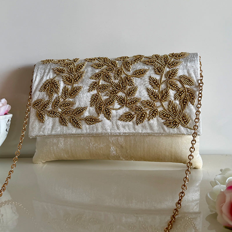 Velvet Zardozi Clutch Pearl White