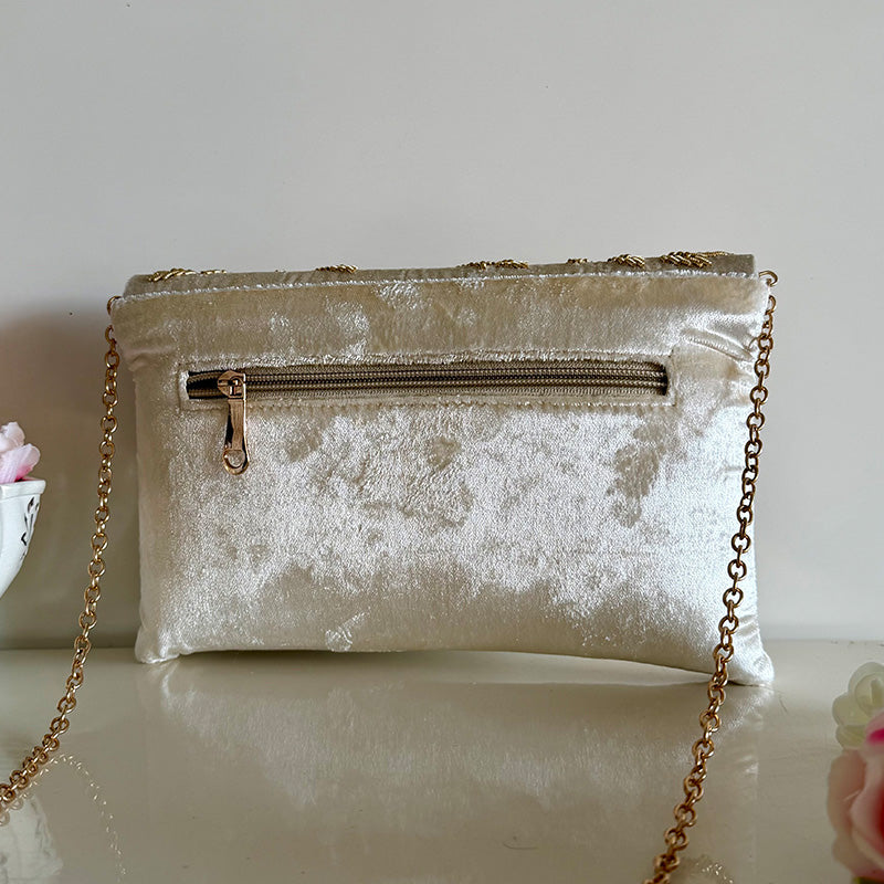 Velvet Zardozi Clutch Pearl White